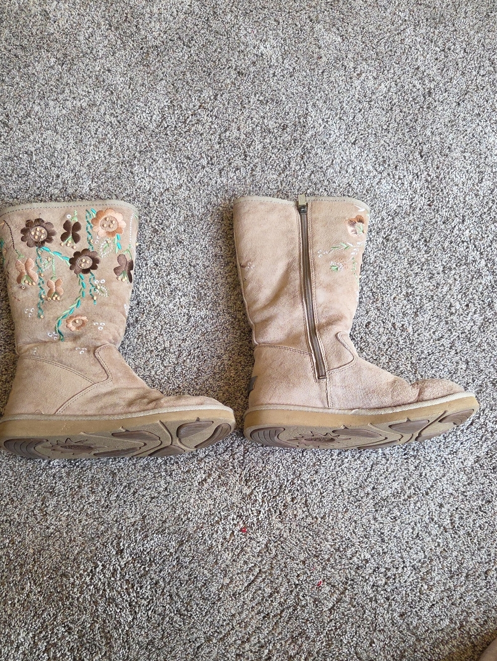 UGG Tan Suede Mid-Calf Boots with Embroidered Floral Accents
